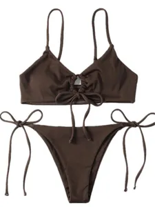Detail shot of a two-piece solid brown bikini set featuring a center drawstring