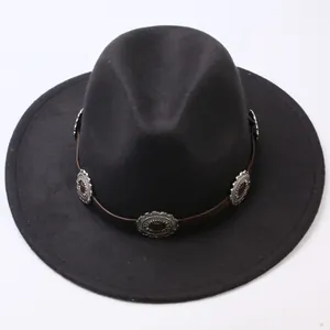 Detailed view of classic black felt fedora hat with decorative silver concho band
