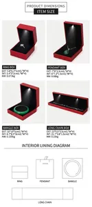 Detailed size specifications for LED jewelry box series including ring and pendant boxes