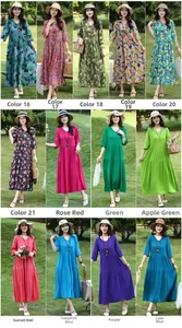 Collection of elegant summer cotton silk midi dresses in various colors and patterns