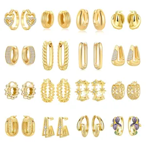 18K Gold Plated Copper Hoop Earrings For Women Star Fleur-de-lis Heart Pattern Zirconia Inlaid Enamel Fashion Jewelry
