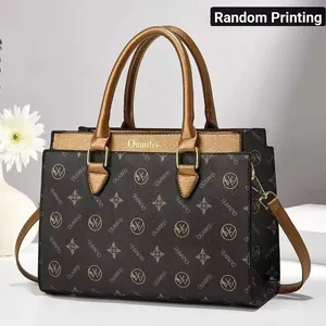 Women Large Capacity Handbag PU Leather Monogram Print Shoulder Bag With Top Handle Detachable Strap Office Commute Tote