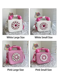Unique telephone-shaped crossbody bags in white and pink, comparison of large and small sizes.