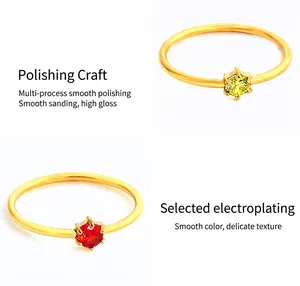 Detailed view of six-claw stainless steel rings featuring yellow and red zircon stones