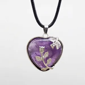 Heart-shaped purple crystal pendant necklace with silver rose decoration and black cord