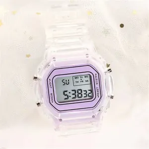 Close-up of transparent purple digital watch with square face on star lace background