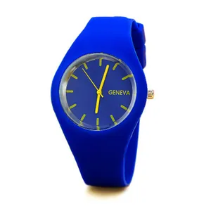 Close-up of blue silicone Geneva quartz watch with vibrant yellow hands and markers