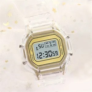 Detailed close-up of a transparent digital watch featuring a gold dial on a mesh background