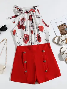 Women Casual Floral Halter Top And Shorts Outfit Summer Sleeveless Holiday Beach Clothing Slimming Commuter Apparel Polyester Floral Printed Two Piece Suit