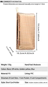 Dimensions of rose gold stone pattern long wallet with 8 card slots and PU material.