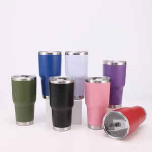 30oz double-wall stainless steel vacuum insulated tumblers in various powder-coated colors