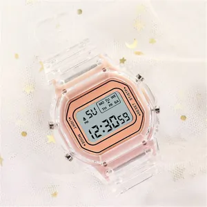 Sporty transparent square digital watch with pink inner frame for students