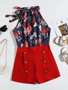 Elegant women's summer floral halter top and red button shorts two-piece outfit set