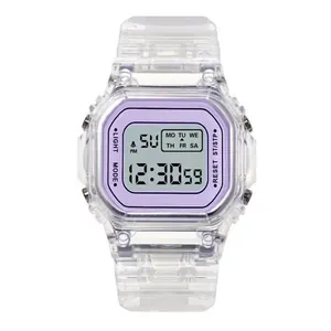Transparent square digital LED sports watch with purple dial accent