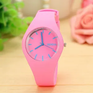 Minimalist pink silicone Geneva quartz watch with candy color jelly strap for women.