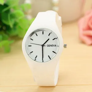 Close-up of a white silicone Geneva minimalist quartz watch with a clean white face