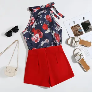 Stylish summer floral halter neck top and high waisted red shorts two-piece outfit set