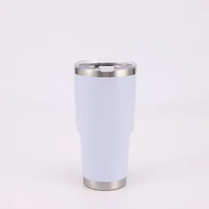 Full view of a white 30oz vacuum insulated stainless steel tumbler with clear lid