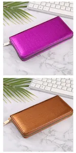 Ladies long wallets with metallic crocodile embossed texture in purple and bronze