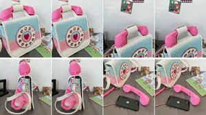 Detail views of a creative pink and blue gradient telephone-shaped PU crossbody bag.