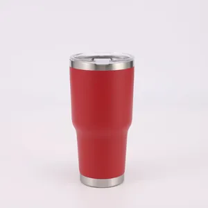 Red 30oz double-layer vacuum insulated stainless steel tumbler with a clear lid.