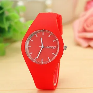 Detailed macro shot of a bright red silicone jelly watch with GENEVA branding on the dial