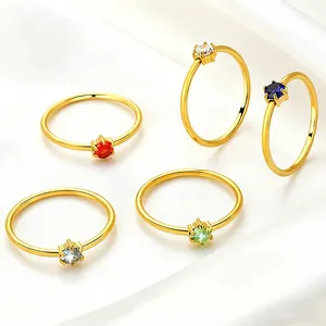 Classic Stainless Steel Six-Prong Round Zirconia Ring Gold Plated Minimalist Stackable Birthstone Finger Rings For Women Jewelry Gift