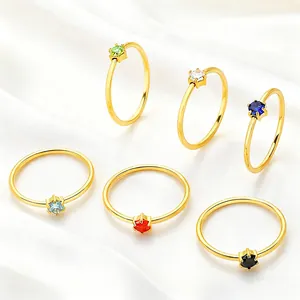 Elegant set of gold stainless steel rings with colorful six-prong round zircon stones
