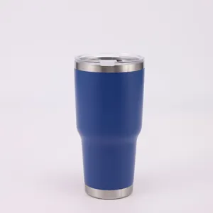 Detail view of the 30oz blue insulated stainless steel tumbler with tapered base.