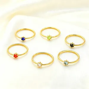 Minimalist stainless steel six-claw rings set featuring colorful round zircon birthstones