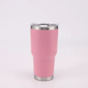 Detailed view of a 30oz pink powder-coated stainless steel tumbler with a transparent lid.