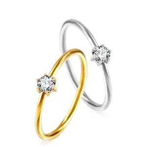 Elegant minimalist stainless steel six-prong round zirconia ring set in gold and silver