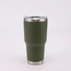 Detailed view of a 30oz olive green vacuum insulated stainless steel tumbler with lid