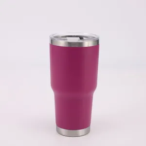A close-up detailed view of a 30oz fuchsia stainless steel vacuum insulated tumbler