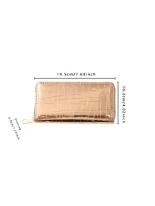 Rose gold women's long wallet with elegant stone pattern and clear dimension markings