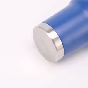Close-up of blue powder-coated finish and stainless steel base on a 30oz tumbler
