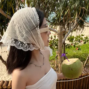 Women Pastoral Style Lace Triangle Headscarf Breathable Floral Print Hair Band Summer Sun Protection Scarf