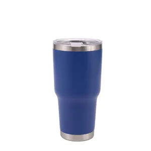 Durable insulated 30oz blue stainless steel travel tumbler with a clear splash-proof lid