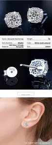 Detailed view of moissanite stud earrings showing S925 silver stamp and parameters