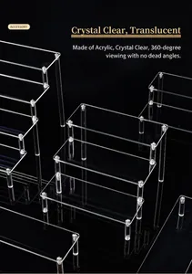 Detail of crystal clear tiered acrylic display stands for tiered storage and visibility.