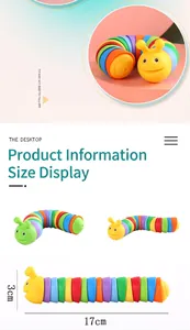 Colorful sensory slug fidget toy size display, 17cm length specification.