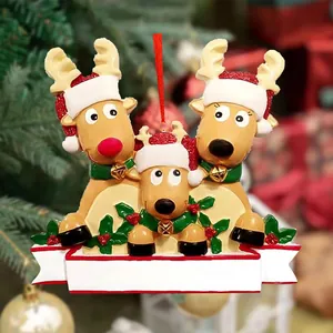 Cute PVC Christmas reindeer family hanging ornament with a customizable white name banner