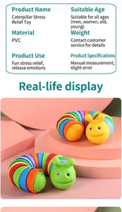 Colorful rainbow articulated slug fidget toys for stress relief displayed on pink stands