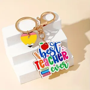 Colorful "Best Teacher Ever" keychain featuring heart pencil and red apple charms
