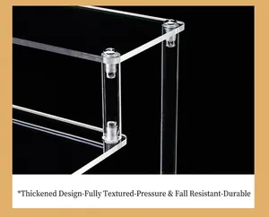 Close-up of metal screws and clear acrylic panels on a tiered display stand