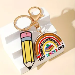 Best Teacher Ever Wood Alloy Keychain Heart Pencil Tassel Key Ring Graduation Appreciation Gift For Teachers Education Accessories
