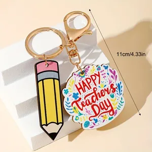 Unique Happy Teacher's Day wooden keychain featuring pencil and floral pendant, 11cm