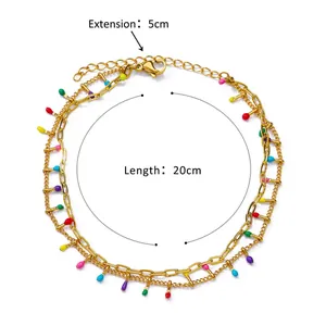 Detail of gold stainless steel anklet with colorful drops and length measurements