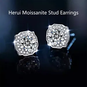 925 Sterling Silver Moissanite Rhinestone Halo Stud Earrings For Women Luxurious Geometric Square Inlaid Fine Jewelry Gift