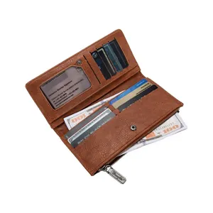 Brown textured PU leather long wallet for women with multiple card slots and RFID protection